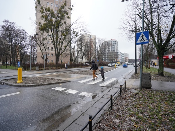 Dorosły i dziecko przechodzą przez ulicę miejską na przejściu dla pieszych.