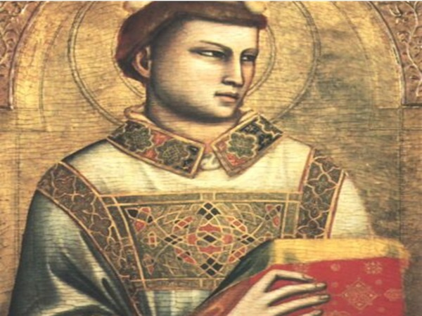 Portret św. Mikołaja z Tolentino, ubranego w ozdobne szaty i trzymającego księgę.