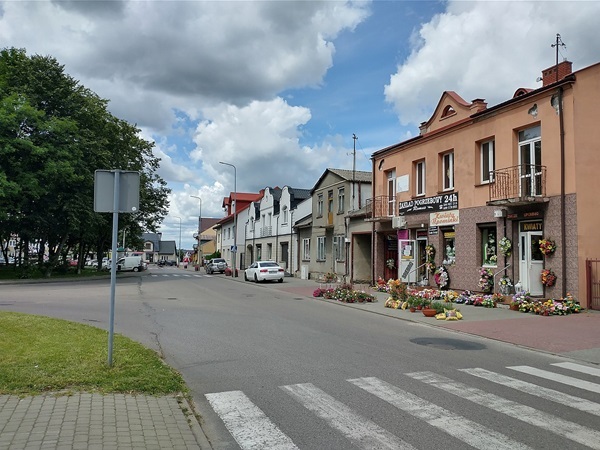 Spokojna ulica w polskim miasteczku, pełna kwiaciarni i tradycyjnych budynków.