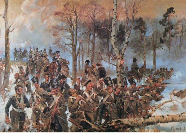 Zimowa scena bitwy: żołnierze wojen napoleońskich starli się w zaśnieżonym lesie