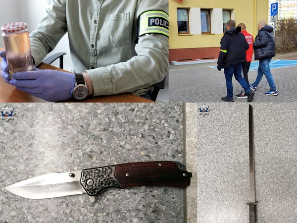 Dowody policyjne: skonfiskowany nóż, miecz i słoik z płynem.