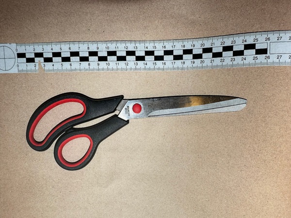 Zbliżenie nożyczek z czarnymi uchwytami i czerwonymi akcentami, mierzonych względem linijki.
