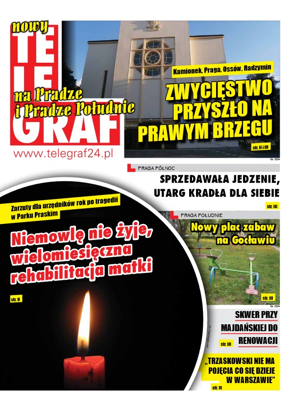Okładka gazety Telegraf24: Nagłówki wiadomości z Pragi, w tym o otwarciu placu zabaw i tragicznej śmierci niemowlęcia.