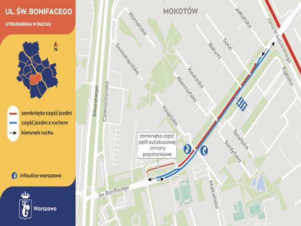Mapa zamkniętych ulic w Warszawie: Utrudnienia w ruchu na ul. Św. Bonifacego pokazująca zamknięcia dróg i objazdy.