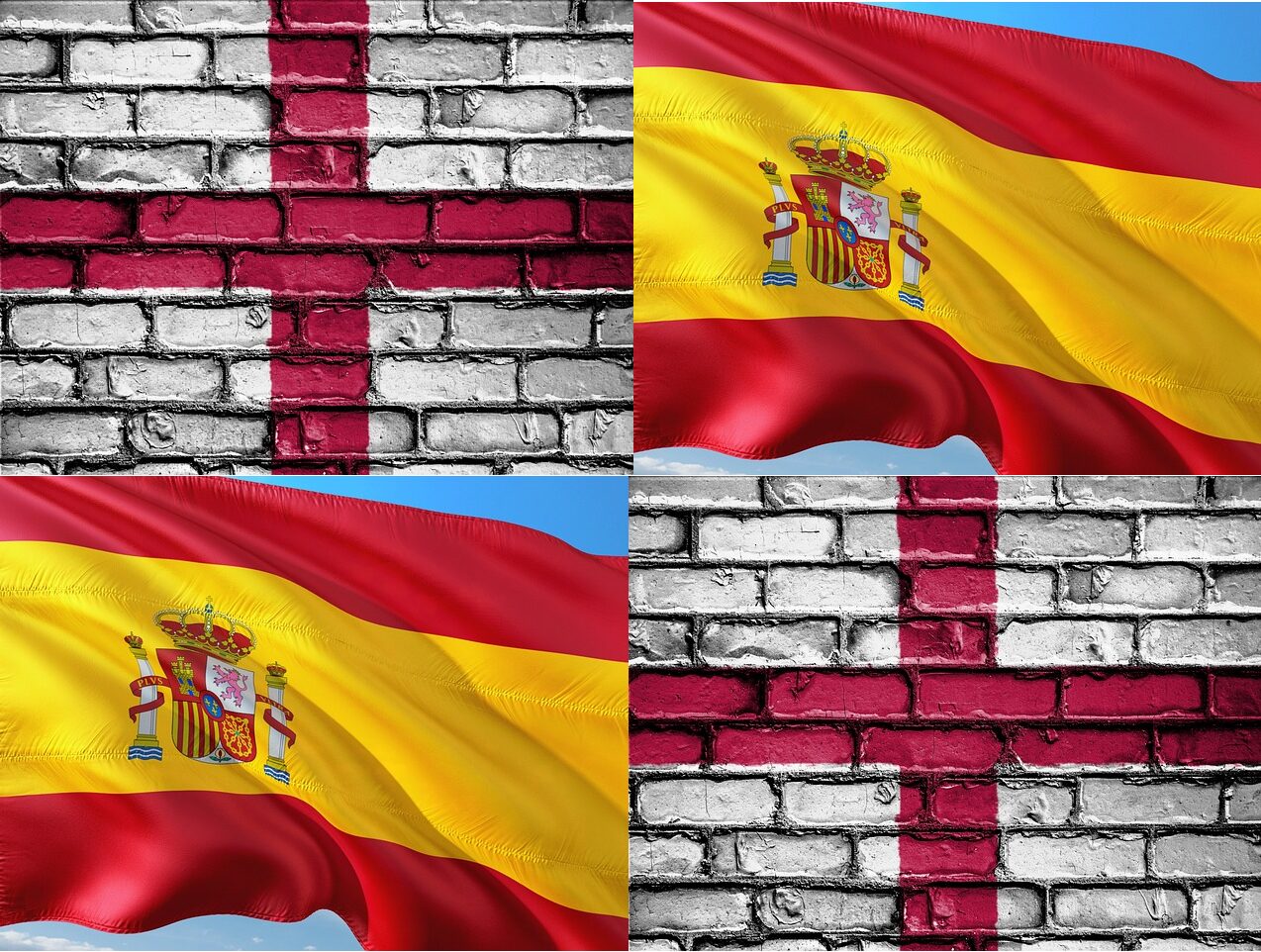 Kolaż powiewających flag Hiszpanii i Anglii na ceglanym tle