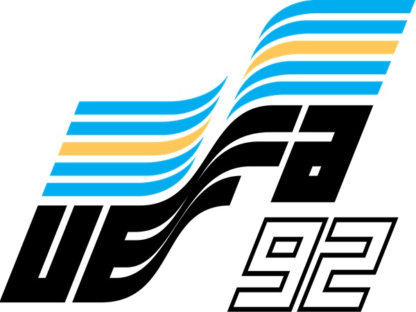 Logo UEFA Euro 1992 przedstawiające stylizowany napis „UEFA 92” i abstrakcyjne paski w kolorze niebieskim i złotym.