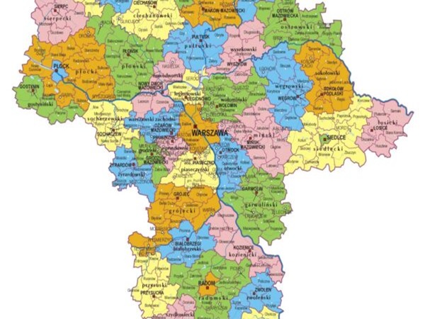 Mapa województwa mazowieckiego, Polska, pokazująca powiaty.