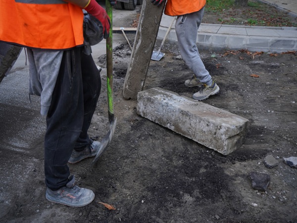 Robotnicy budowlani usuwają łopatami starą kostkę brukową.