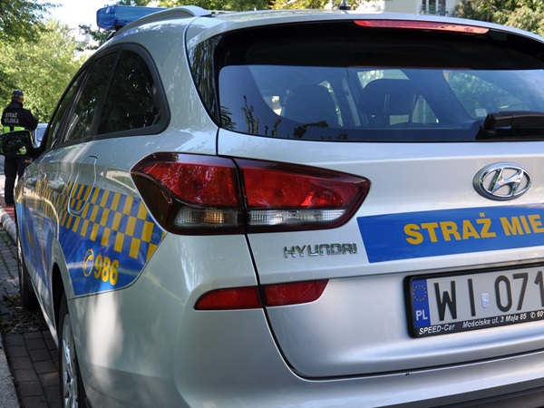 Widok z tyłu srebrnego radiowozu Hyundai, oznaczonego „Straż Miejska”, o numerach rejestracyjnych WI 071.