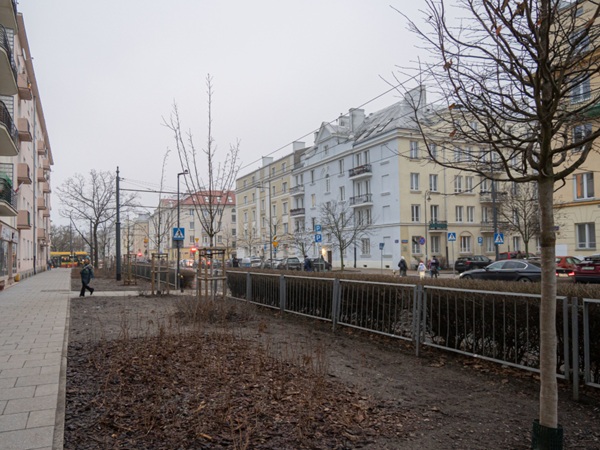 Pusta, obsadzona drzewami ulica w europejskim mieście z blokami mieszkalnymi.