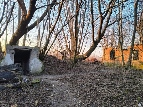 Zniszczony budynek i podziemny schron w pokrytym liśćmi lesie.