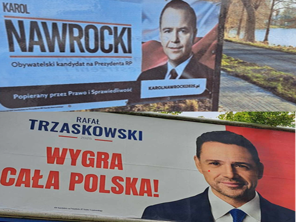 Polskie plakaty wyborcze prezydenckie: Nawrocki i Trzaskowski. Późne wyniki sondażu.