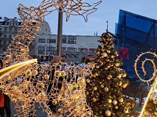 Ozdobne pokazy świetlne w kształcie reniferów i udekorowanej choinki na miejskim placu. Uroczysta scena świąteczna.