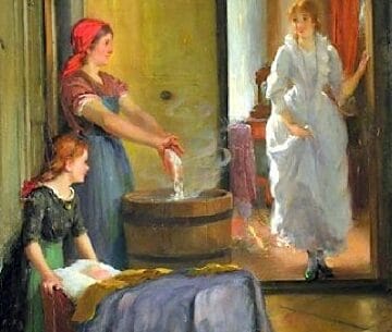 Trzy kobiety, jedna piorąca ubrania w drewnianej balii, druga przygotowująca pościel i trzecia w białej sukni.