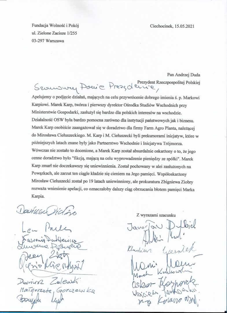 List z apelem do Prezydenta RP Andrzeja Dudy o przywrócenie dobrego imienia Markowi Karpowi.