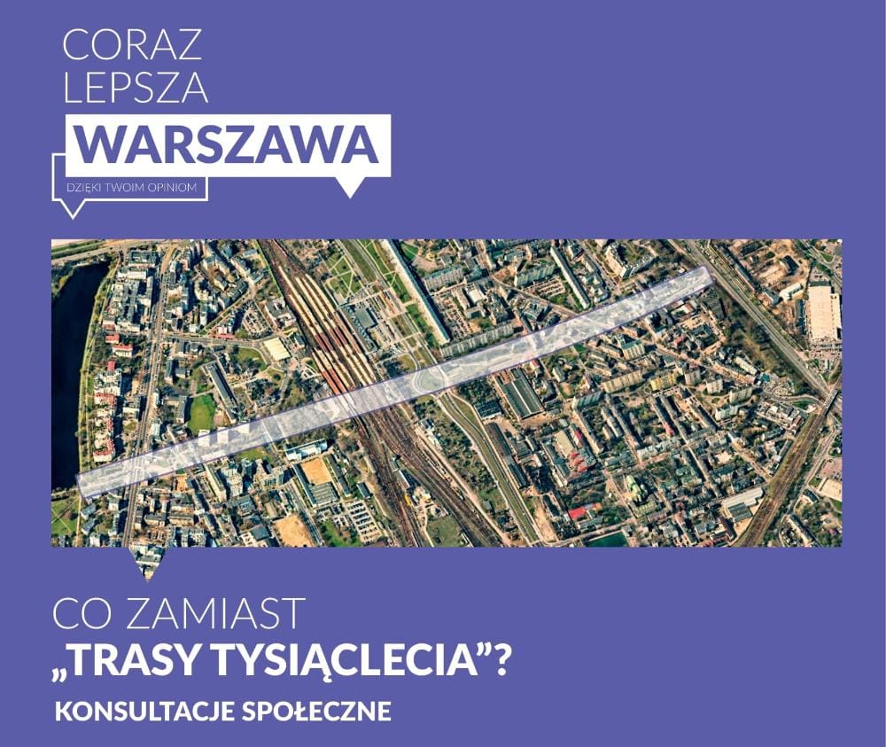 Widok Warszawy z lotu ptaka, przedstawiający proponowaną trasę nowego projektu urbanistycznego zastępującego Trasę Tysiąclecia.
