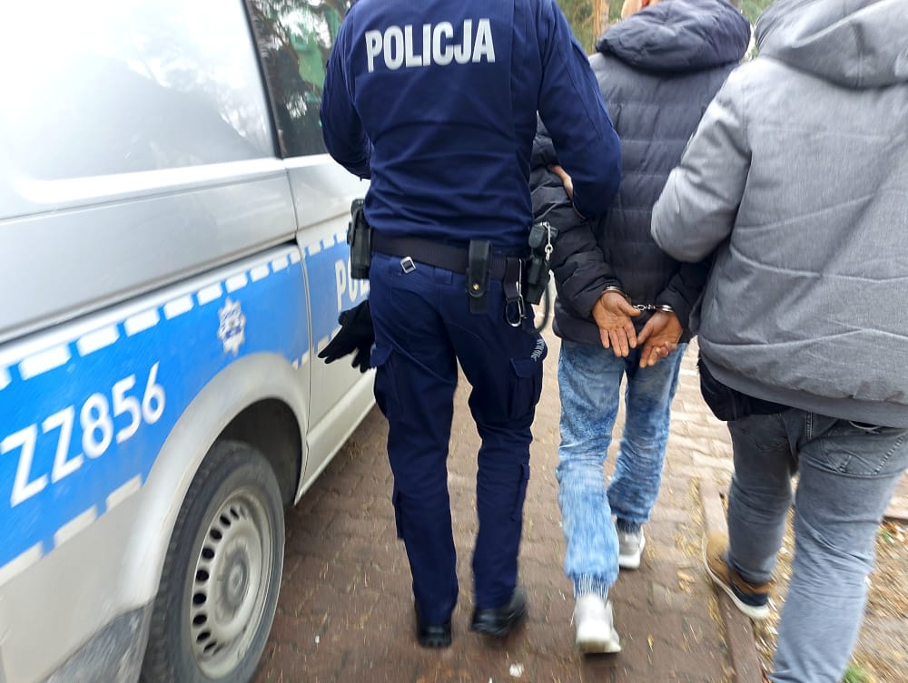 Polscy policjanci aresztują podejrzanego w kajdankach. Na mundurze funkcjonariusza widoczny jest napis „POLICJA”.