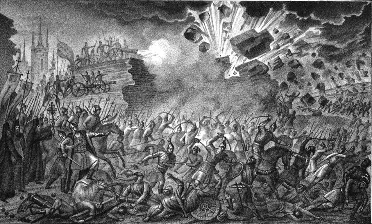 Wojna 1812 r.: Intensywna scena bitwy przedstawiająca starcia żołnierzy rosyjskich i francuskich pośród armat i eksplozji.