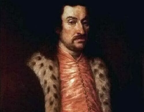 Portret Bohdana Chmielnickiego, ukraińskiego hetmana kozackiego, w płaszczu obszytym futrem.