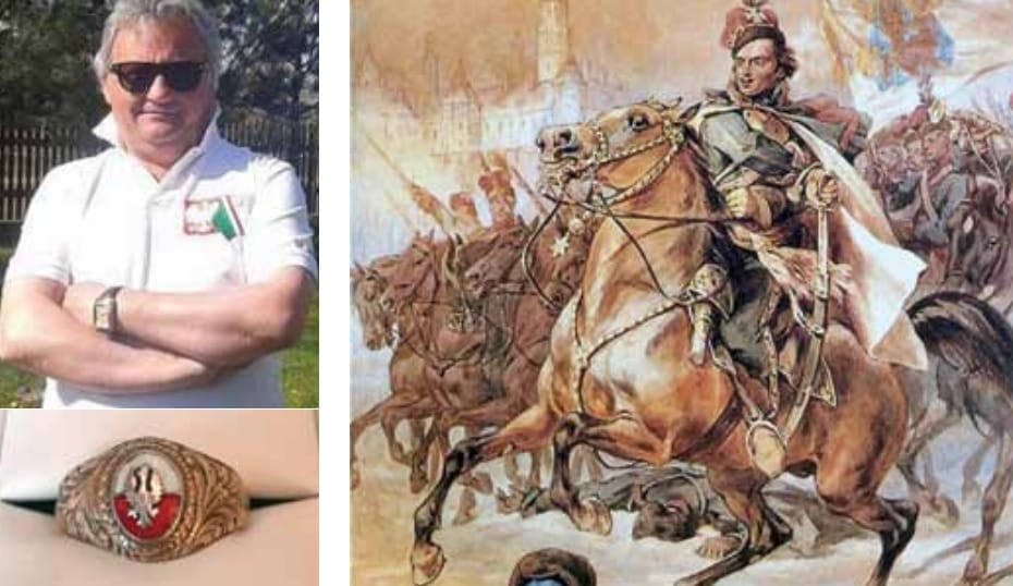 Mężczyzna noszący polski pierścień, historyczny obraz przedstawiający Tadeusza Kościuszkę na koniu