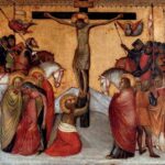 Scena ukrzyżowania: Chrystus na krzyżu, żałobnicy i rzymscy żołnierze na koniach.