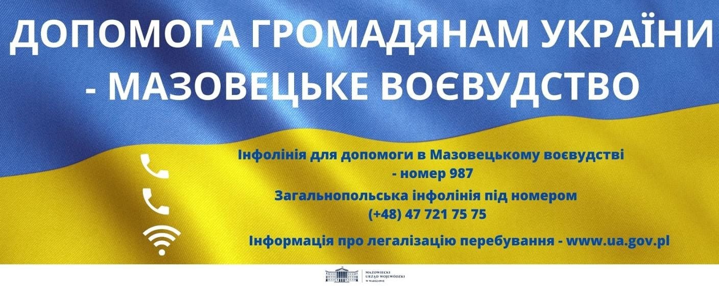 Flaga Ukrainy z numerami infolinii dla województwa mazowieckiego