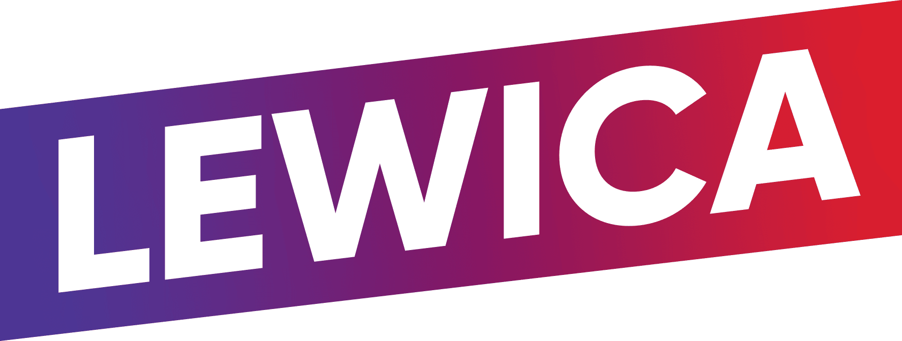Logo Lewicy na fioletowo-czerwonym tle gradientowym