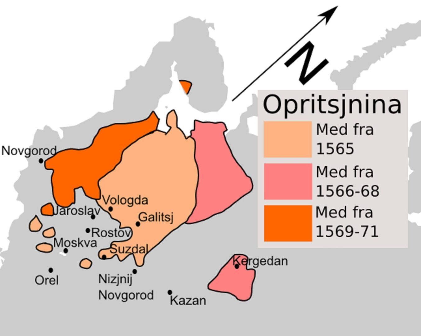 Mapa Opriczniny Iwana Groźnego z lat 1565–1571 ukazująca ekspansję terytorialną.