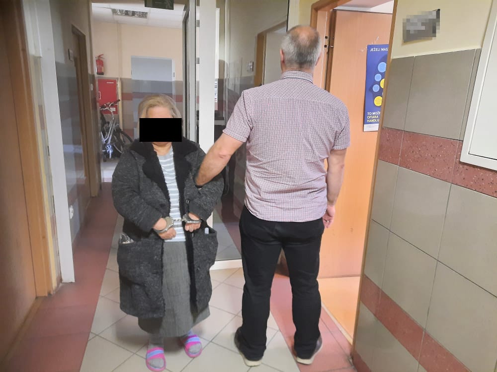 Skuta kajdankami starsza kobieta eskortowana przez policjanta korytarzem