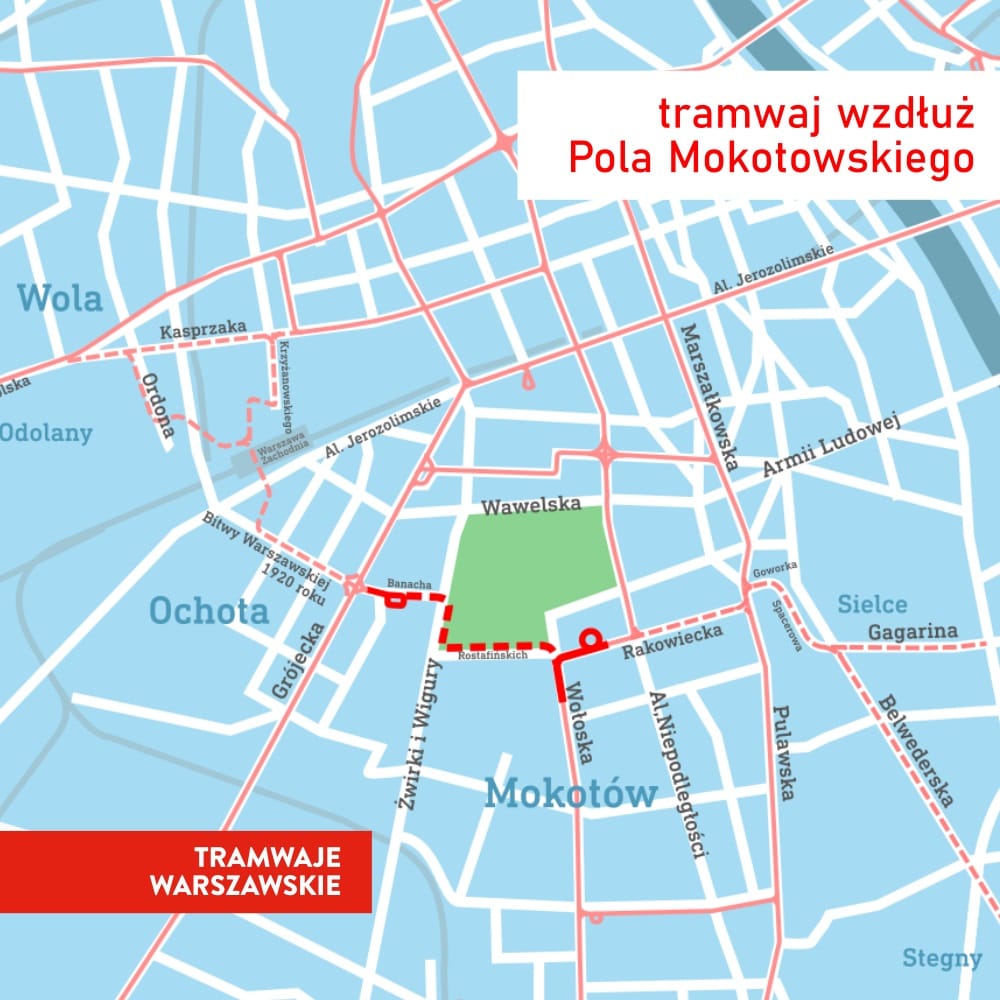 Mapa trasy tramwaju warszawskiego wzdłuż Pola Mokotowskiego