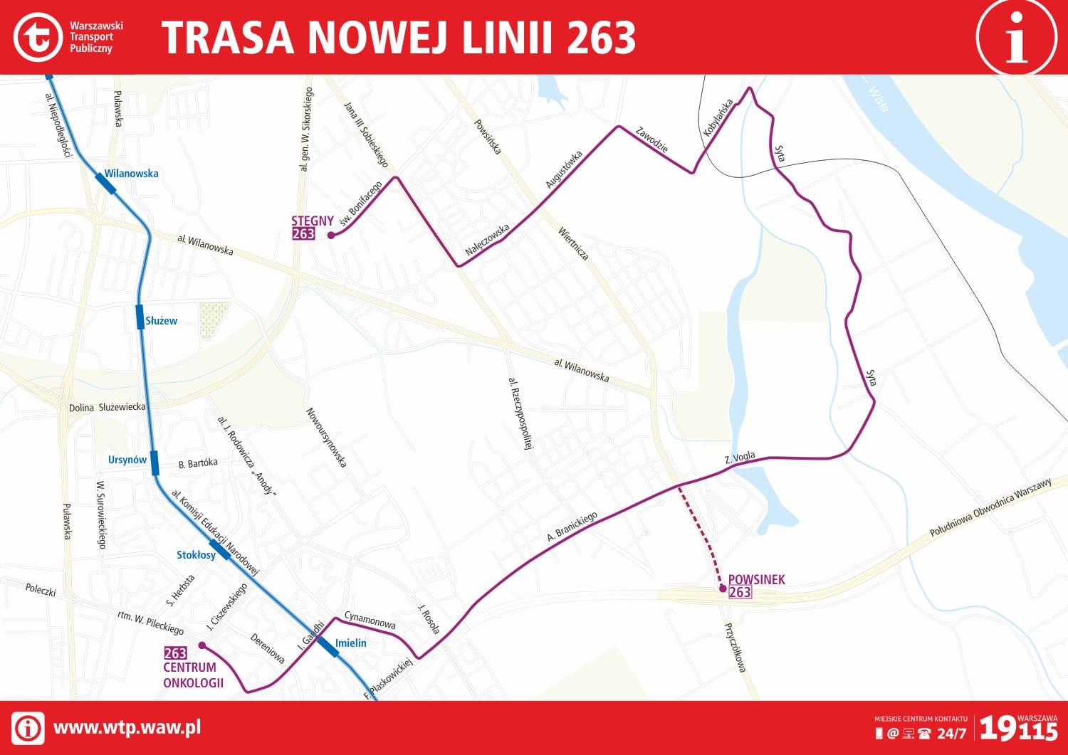 Mapa nowej trasy autobusu linii 263 w Warszawie, pokazująca przystanki na Stegnach i Powsinie.