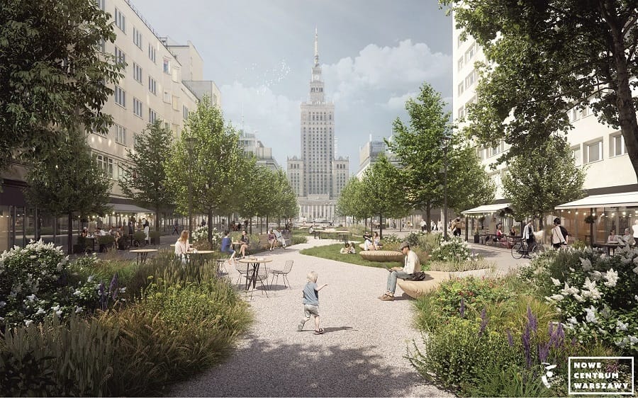 Nowoczesny projekt centralnego placu Warszawy, z zielonymi przestrzeniami i Pałacem Kultury i Nauki.