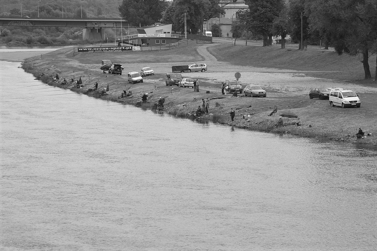 Wędkarze łowiący ryby wzdłuż brzegu rzeki, samochody zaparkowane w pobliżu. Ocean-sport.pl